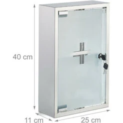 Relaxdays Armadietto Porta Medicinali In Acciaio, Anta In Vetro, 2 Ripiani, Con Serratura, Superficie Lucida, HxLxP: 40 X 25 X 11cm, Argento -Villeroyit Negozio 11090487 4