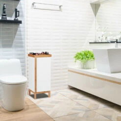 Relaxdays Mobiletto Da Bagno Con Portagioielli, Porta-Trucchi, Armadietto Con Dettagli In Bambù, 80 X 35 X 30 Cm, Bianco -Villeroyit Negozio 11090504 3