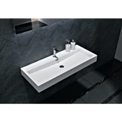 Lavabo Sospeso O Da Appoggio In Marmo Artificiale BS6002 - Bianco - 76,5 Cm E 100cm 76.5cm - Con Preforatura