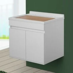 Mobile Lavatoio Sospeso 60 Cm Bianco Lucido Completo Di Vasca E Asse Lavapanni