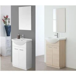 Bagno Italia Arredo Bagno A Terra Cm 56 Mobile Con Lavandino E Specchio Colore Rovere Chiaro