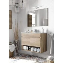 Kit Mobile Bagno Dakota 2 Ante Cm.80x45x64h Colore Rovere Con Lavabo E Specchio Inclusi - Salone