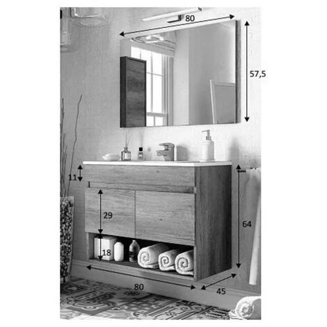 Kit Mobile Bagno Dakota 2 Ante Cm.80x45x64h Colore Rovere Con Lavabo E Specchio Inclusi - Salone 5 Kit Mobile Bagno Dakota 2 Ante Cm.80x45x64h Colore Rovere Con Lavabo E Specchio Inclusi - Salone - immagine 3