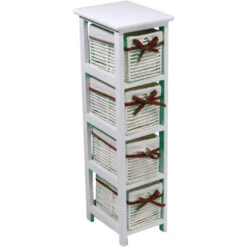 Mobile Cassettiera Hilary Stretta Bianca In Legno 4 Cassetti In Cordoncino Foderati Bianco Con Fiocco Marrone Comodino Contenitore A Torre Per Camera Corridoio Salotto Cucina Bagno Ripostiglio