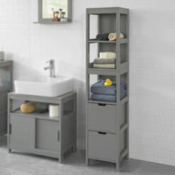 SoBuy Mobiletto Bagno Colonna Bagno Cassettiera Bagno Salvaspazio L30P30A145 Cm Grigio Scuro FRG126-SG
