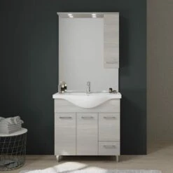 MOBILE BAGNO DA 85 CM CON PIEDINI CROMATI QUERCIA GRIGIO RIMINI