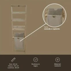 Scaffale In Legno 3 Ripiani Con Cesta Porta Biancheria In Stoffa 42x151x36cm -Villeroyit Negozio 16142624 5