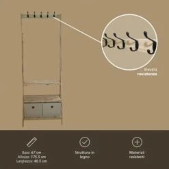 Stand Appendiabiti In Legno Con 2 Ripiani 2 Cassetti In Stoffa E 5 Appendini -Villeroyit Negozio 16142626 5