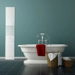 Relaxdays Mobile Bagno Colonna, 2 Armadietti Con Anta, 1 Cassetto, Design A Lamella, Legno, HLP 173,5x30,5x32 Cm, Bianco -Villeroyit Negozio 16674247 3