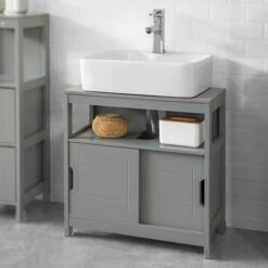SoBuy Mobile Sottolavabo Per Bagno Con Poggiapiedi Sottolavabo Bagno Mobile Bagno Sottolavabo Grigio Scuro FRG128-SG
