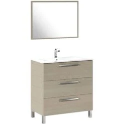 Mobile Sottolavabo, Mobiletto Per Bagno, Armadio A 3 Cassetti E Specchio, Lavabo Non Incluso, Cm 80x45h86, Rovere