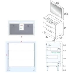 Mobile Sottolavabo, Mobiletto Per Bagno, Armadio A 3 Cassetti E Specchio, Lavabo Non Incluso, Cm 80x45h86, Rovere -Villeroyit Negozio 17785831 3