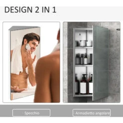 Homcom Armadietto Pensile Angolare Da Bagno In Acciaio Con Specchio Salvaspazio 60 X 30 X 18.4cm -Villeroyit Negozio 18013089 5