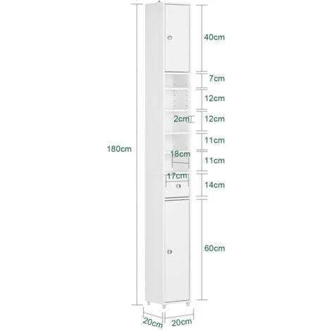 Armadio Colonna Bagno, Mobile Bagno Alto Con 2 Ante E 1 Cassetto Altezza: 180 Cm SoBuy Bianco BZR34-W 4 Armadio Colonna Bagno, Mobile Bagno Alto Con 2 Ante E 1 Cassetto Altezza: 180 Cm SoBuy Bianco BZR34-W - immagine 2