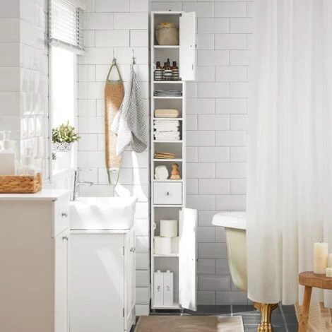 Armadio Colonna Bagno, Mobile Bagno Alto Con 2 Ante E 1 Cassetto Altezza: 180 Cm SoBuy Bianco BZR34-W 5 Armadio Colonna Bagno, Mobile Bagno Alto Con 2 Ante E 1 Cassetto Altezza: 180 Cm SoBuy Bianco BZR34-W - immagine 3