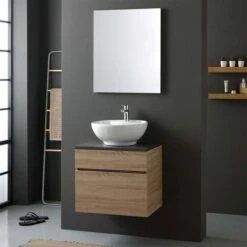 MOBILE BAGNO QUERCIA TOP LEGNO ANTRACITE LAVABO DA APPOGGIO TONDO SOLE