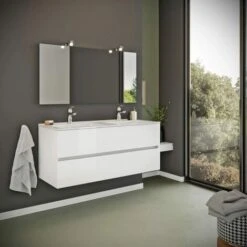 MOBILE BAGNO BIANCO LUCIDO 120CM, CASSETTI E DOPPIO LAVABO BENACO