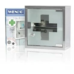 WENKO Armadietto Per I Medicinali Acciaio Inossidable 25 X 25 Cm - Armadietto Per Medicinali Con Serratura, Acciaio Inossidabile, 25 X 25 X 12 Cm, Lucido