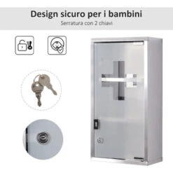 Homcom Armadietto Porta Medicinali, In Vetro In Acciaio Porta E 2 Chiavi Pronto Soccorso Cassetta Medicine 48x25cm -Villeroyit Negozio 28946263 5