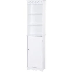 Homcom Mobiletto A Colonna Per Bagno In Legno Con Decoro Intaglio Floreale Bianco 40 X 23 X 160 Cm