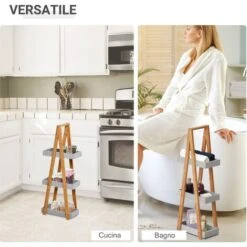 Kleankin Scaffale Bagno In MDF E Bambù Con 3 Mensole Grigio 30x18x81cm -Villeroyit Negozio 28946678 4