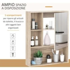 Kleankin Armadietto A Specchio Per Bagno Con Scaffale Regolabile Montaggio A Muro Color Rovere -Villeroyit Negozio 28947318 4