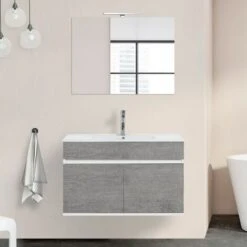 Mobile Bagno Sospeso Da 90 Duble Grigio Industrial Con Lavabo E Specchio