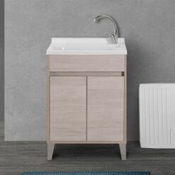 Villeroyit Negozio 15 Mobile Lavatoio 60x50 Cm Linea Way Rovere Chiaro Con Vasca, Asse E Kit Di Scarico