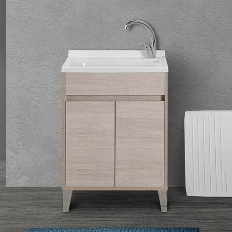 Mobile Lavatoio 60x50 Cm Linea Way Rovere Chiaro Con Vasca, Asse E Kit Di Scarico 3 Mobile Lavatoio 60x50 Cm Linea Way Rovere Chiaro Con Vasca, Asse E Kit Di Scarico