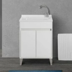 Mobile Lavatoio 60x50 Cm Linea Way Bianco Lucido Con Vasca, Asse E Kit Di Scarico