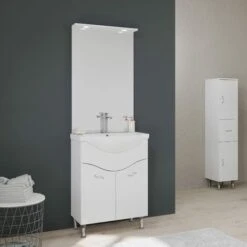 MOBILE BAGNO A TERRA 65CM 2 ANTE, SPECCHIO CON LED BIANCO LUCIDO EASY