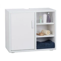 Relaxdays Mobile Sottolavabo, Mobiletto Per Lavandino Bagno, 3 Ripiani, Armadietto, Anta Singola, 51x60x32 Cm, Bianco