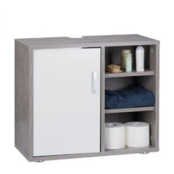 Relaxdays Mobile Sottolavabo, Mobiletto Per Lavandino Bagno, 3 Ripiani, Armadietto, Anta Singola, 51x60x32 Cm, Grigio