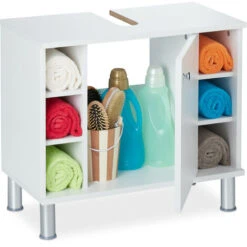 Relaxdays Mobile Sottolavabo, Armadietto Bagno Con 1 Anta, 53,5x60x32 Cm, 7 Scomparti & Apertura Per Sifone, Bianco