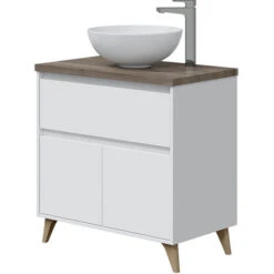 Mobile Bagno 80 Cm Con Lavabo Da Appoggio In Ceramica Con 2 Ante E Cassettone BIANCO + ROVERE 305732BO