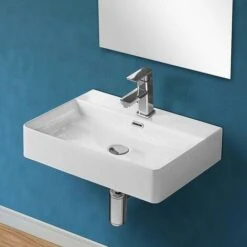 Lavabo Sospeso Rettangolare 60x42 Cm In Ceramica Bianco Lucido