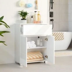 Songmics VASAGLE Armadietto Da Bagno, Mobile Da Bagno Con Cassetto E Doppia Anta, Ripiano Regolabile, Mobiletto Multiuso Per Corridoio Ingresso, 60 X 30 X 80 Cm, Bianco -Villeroyit Negozio 44819979 4