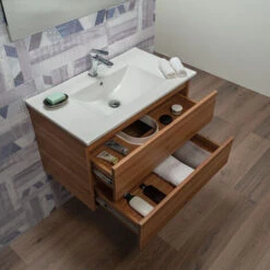 Arche Mobile Bagno 90 Cm Teak Sospeso 2 Cassetti Lavabo E Specchio -Villeroyit Negozio 49468031 3