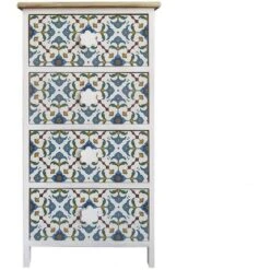 Rebecca Mobili Cassettiera 4 Cassetti Maioliche Legno Chiaro Bianco Blu 76x40x30