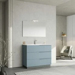 ARREDO BAGNO A TERRA 100CM CELESTE, SPECCHIO 100X60 CON LAMPADA NEW YORK