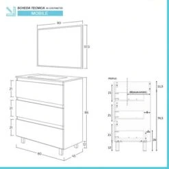 Mobiletto Bagno A Terra 80 Cm 3 Cassetti Serie Oasi Rovere Con Specchio E Lavabo -Villeroyit Negozio 53076549 3