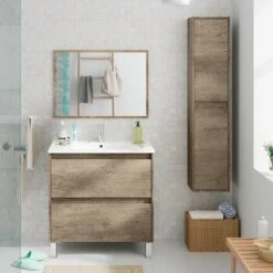 Mobiletto Bagno A Terra 80 Cm 2 Cassetti Serie Oasi Rovere Con Specchio E Lavabo