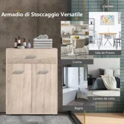 COSTWAY Armadio Del Bagno, Armadio Con 2 Ante Cassetto Grande E Ripiano Regolabile, Con Piedini Antiscivolo, Ideale Per Bagno Salone Camera Da Letto, 60 X 29 X 82 Cm (Quercia) -Villeroyit Negozio 53622964 5