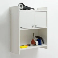 Mobile Pensile Sopra Lavatrice Da Esterno O Sospeso Salva Spazio 65 Cm Con Ante E Ripiani A Vista REGINA In PVC