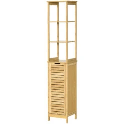Kleankin Mobile Bagno A 3 Ripiani E 1 Credenza, Design A Doghe, MDF E Bambù, 34x30x173cm