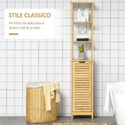 Kleankin Mobile Bagno A 3 Ripiani E 1 Credenza, Design A Doghe, MDF E Bambù, 34x30x173cm -Villeroyit Negozio 55841211 4