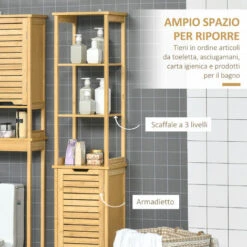 Kleankin Mobile Bagno A 3 Ripiani E 1 Credenza, Design A Doghe, MDF E Bambù, 34x30x173cm -Villeroyit Negozio 55841211 5