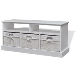 Nova Panca Con 3 Cesti Intrecciati 95x35x44 Cm In MDF Bianca