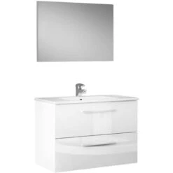 Mobile Sottolavabo, Mobiletto Per Bagno Sospeso, Armadio A 2 Cassetti E Specchio, Cm 80x45h57, Bianco Lucido