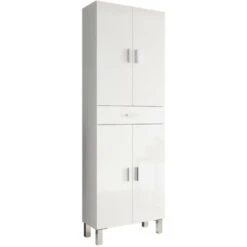 Armadio Multiuso, Mobile Per Bagno O Lavanderia A 4 Ante E 1 Cassetto, Armadio Multiuso Portascarpe, Cm 60x29h182, Bianco Lucido